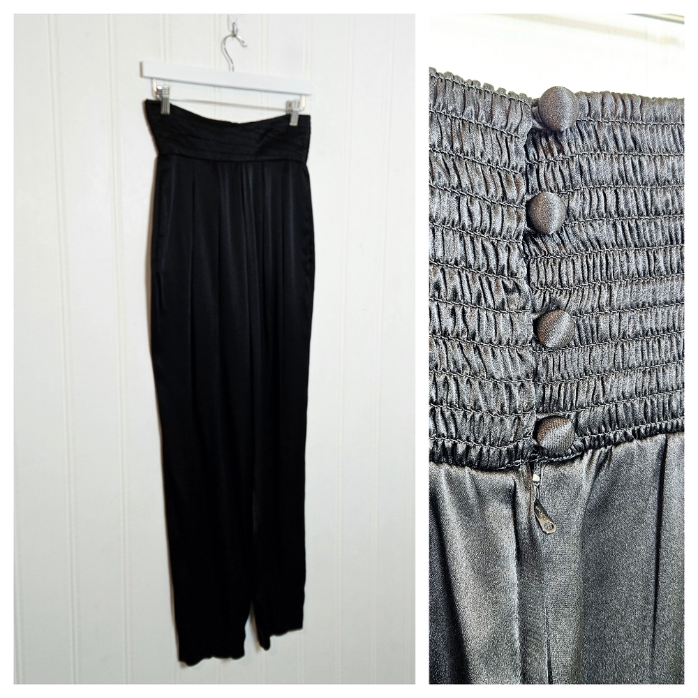 Vintage 100% Silk Pants Womens Size 6 Black High Waist Ruched Buttoned Back - Picture 1 of 12